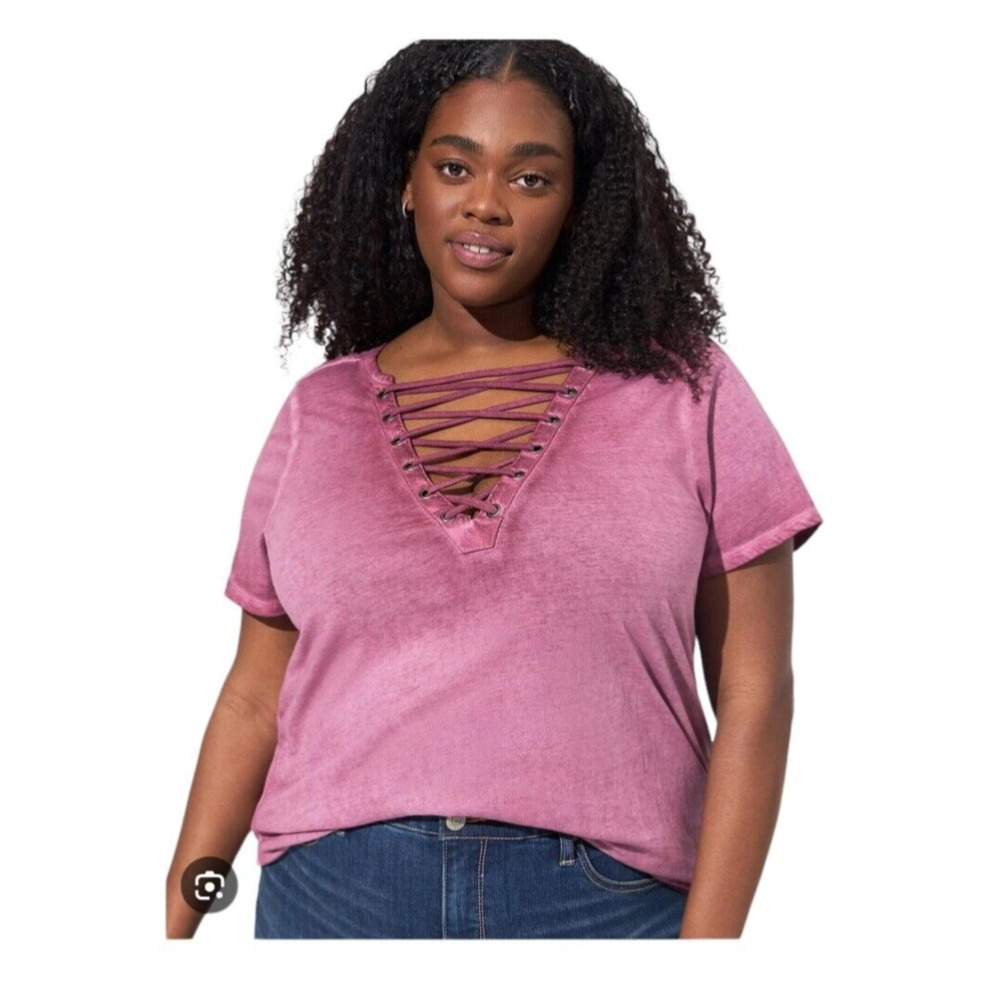 Torrid Top Womens Size 2X Cotton Jersey Crew Neck Lace Up V Neck Tee Rose Taupe